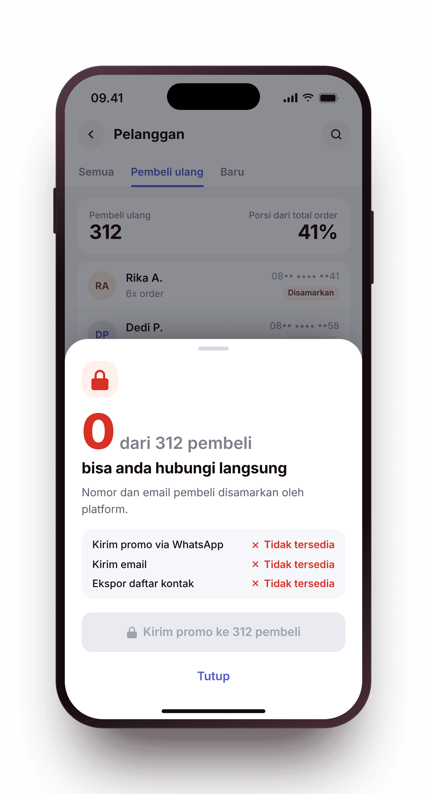 Daftar pelanggan marketplace di ponsel: 312 pembeli ulang, tapi 0 bisa anda hubungi langsung — nomor dan email disamarkan platform, kirim promo via WhatsApp tidak tersedia